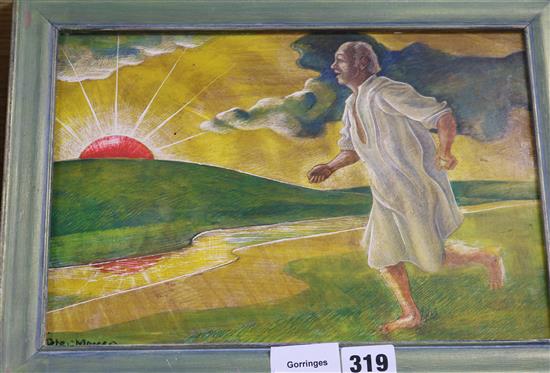 Peter Messer, egg tempera on gesso, William Blake arrives in heaven, signed and dated 94 20 x 30cm